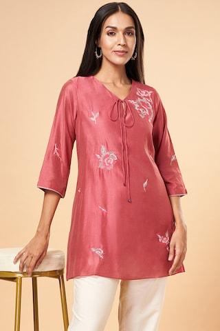 rust embroidered casual 3/4th sleeves v neck women regular fit  tunic