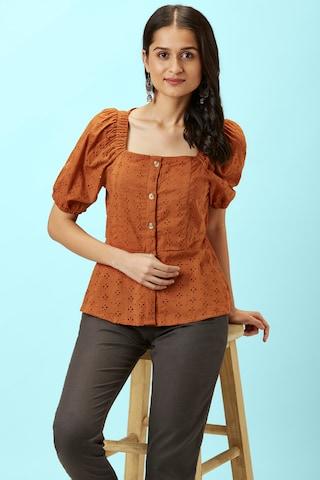 rust embroidered casual half sleeves square neck women regular fit top