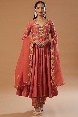 rust embroidered kalidar anarkali set