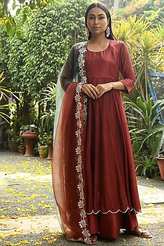 rust embroidered kurta set