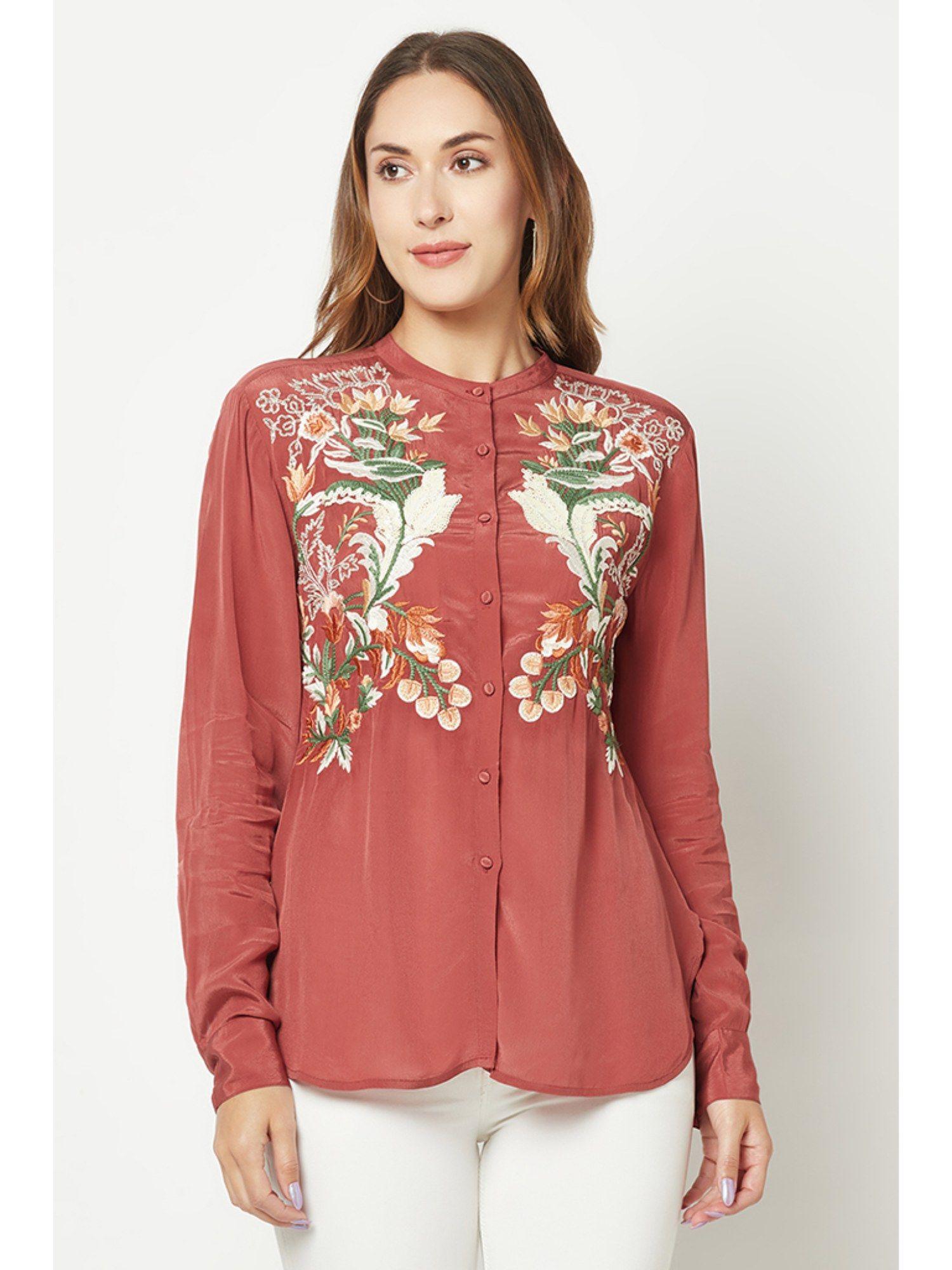 rust embroidered silk shirt