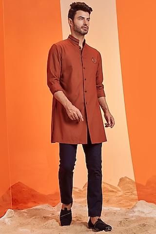 rust embroidered slim-fit shirt kurta