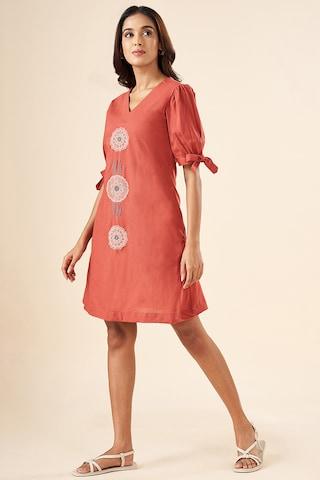 rust embroidered v neck casual calf-length elbow sleeves women regular fit dress