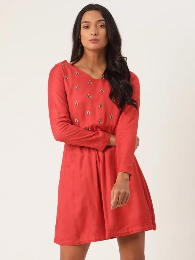 rust embroidered v neck dress