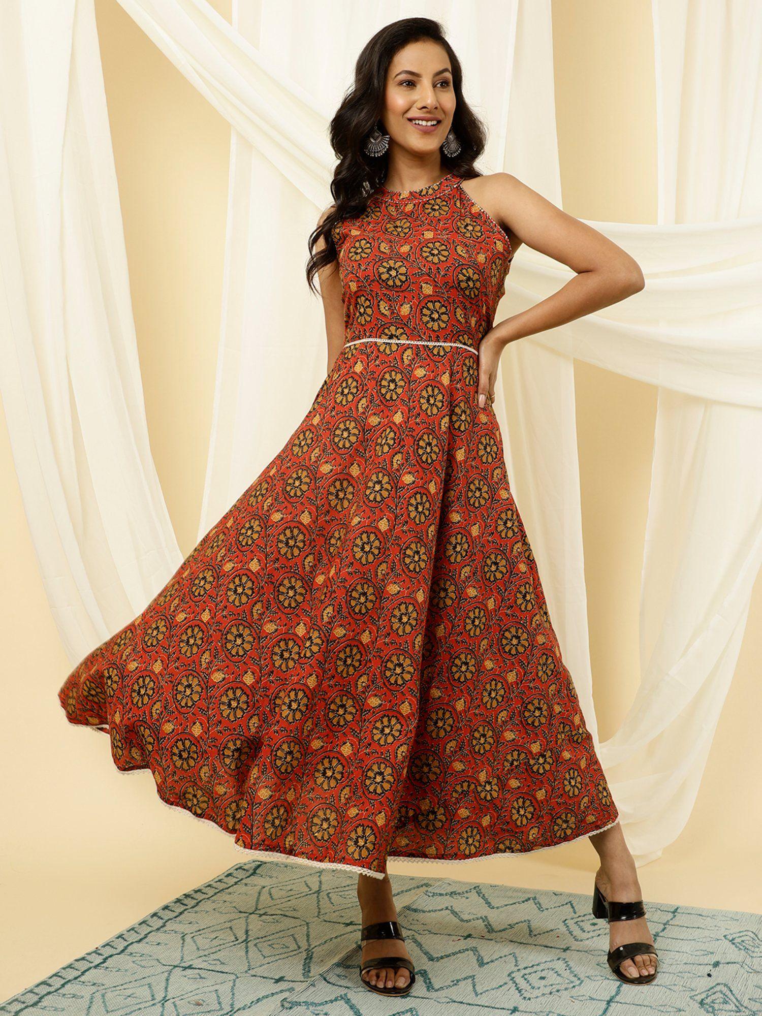 rust ethnic floral printed cotton maxi dress