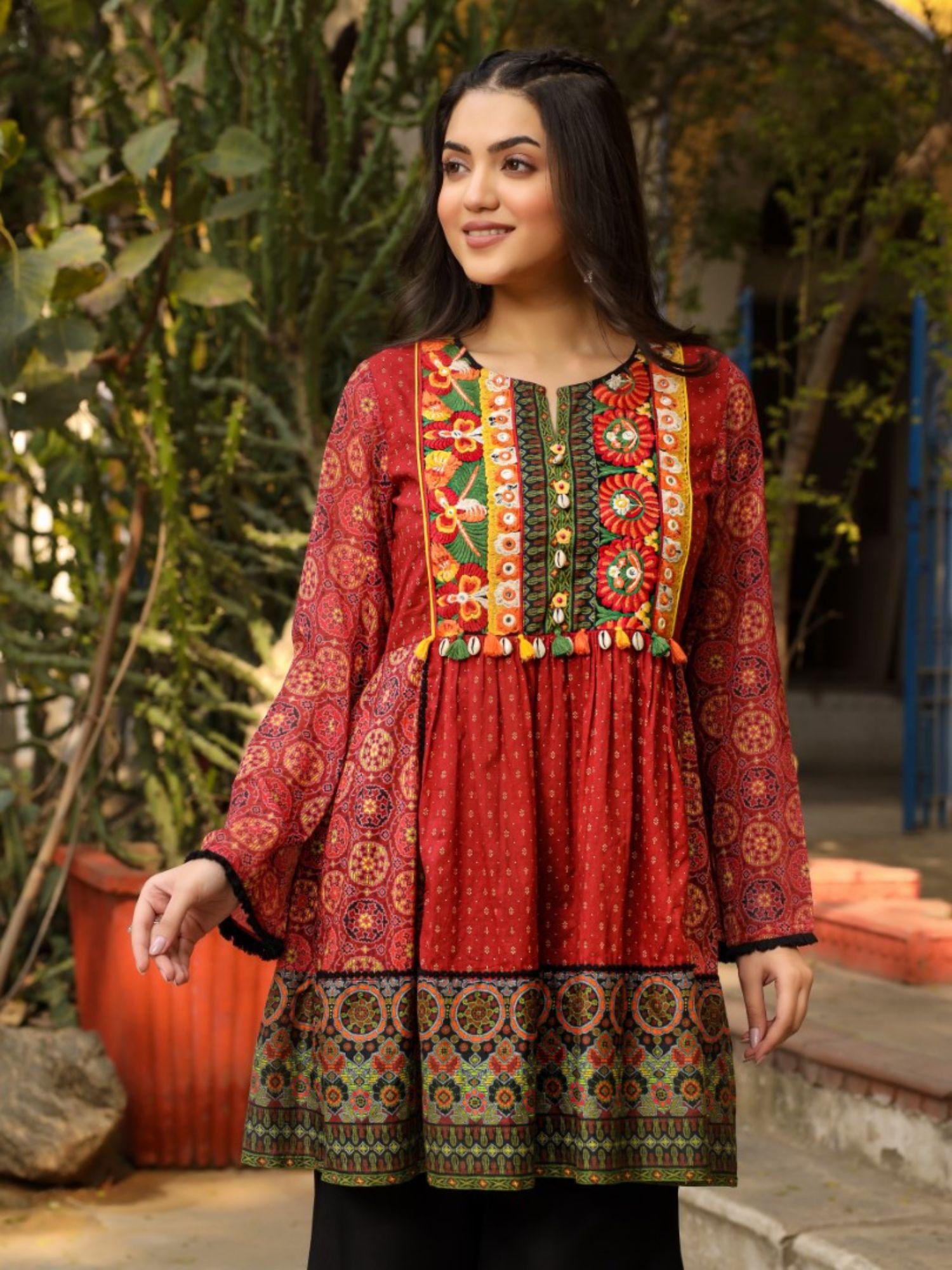 rust ethnic motif printed cotton & chiffon peplum tunic with thread embroidery & tassels