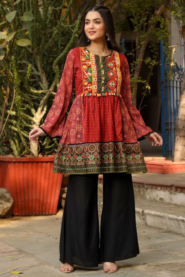 rust ethnic motif printed cotton _ chiffon peplum tunic with thread embroidery _ tassels