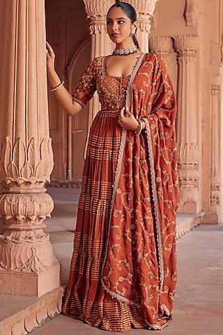 rust fine silk gota patti hand embroidered anarkali set