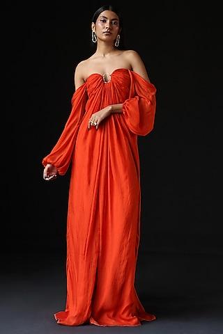 rust flat chiffon off-shoulder gown