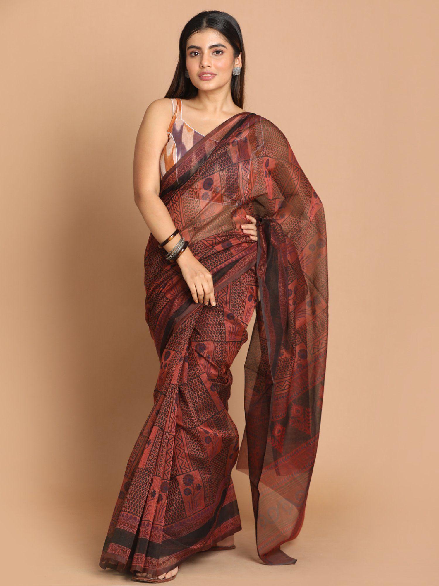 rust floral cotton blend saree with unstitched blouse