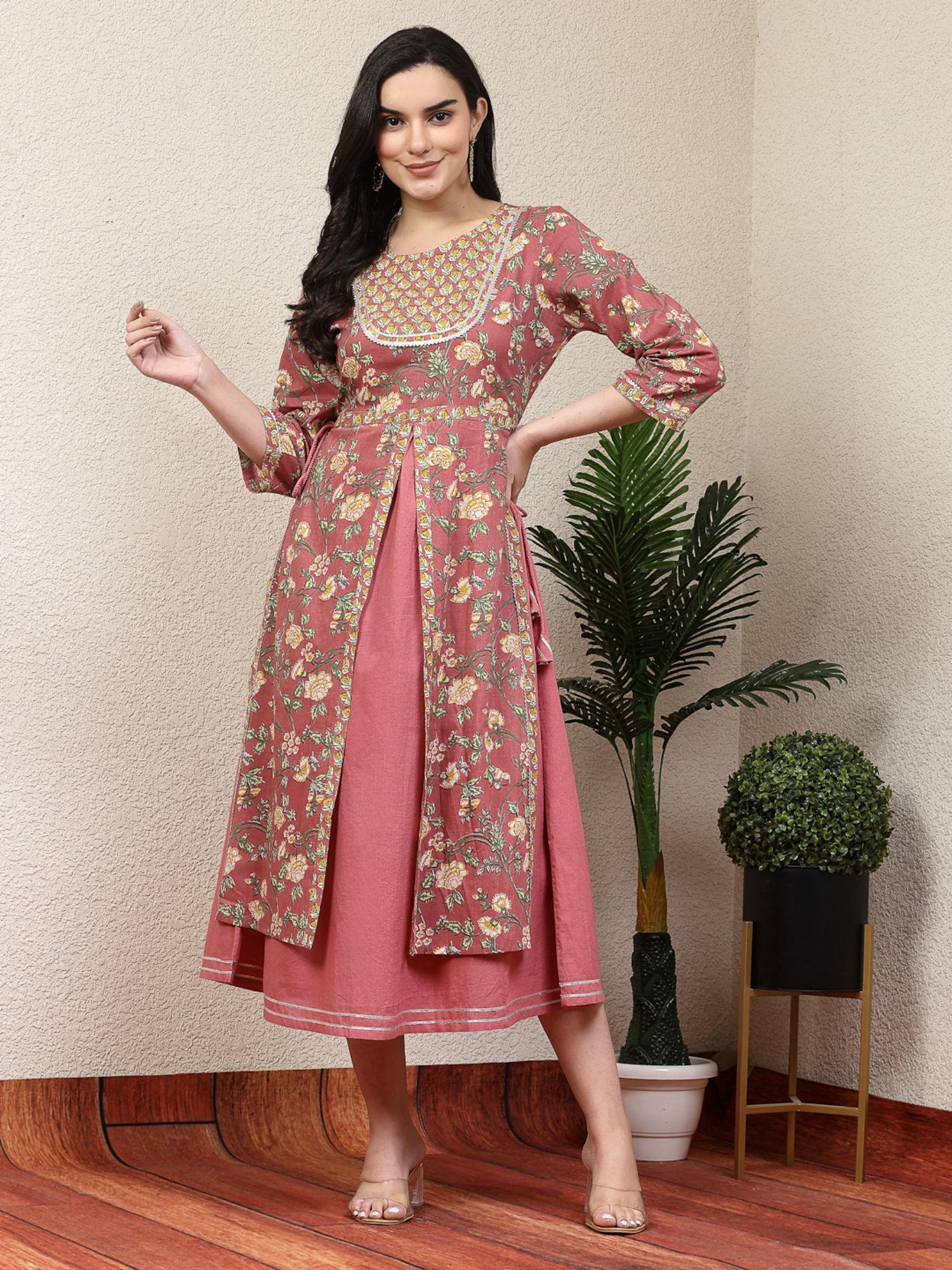 rust floral elegance gota cotton u-line kurta