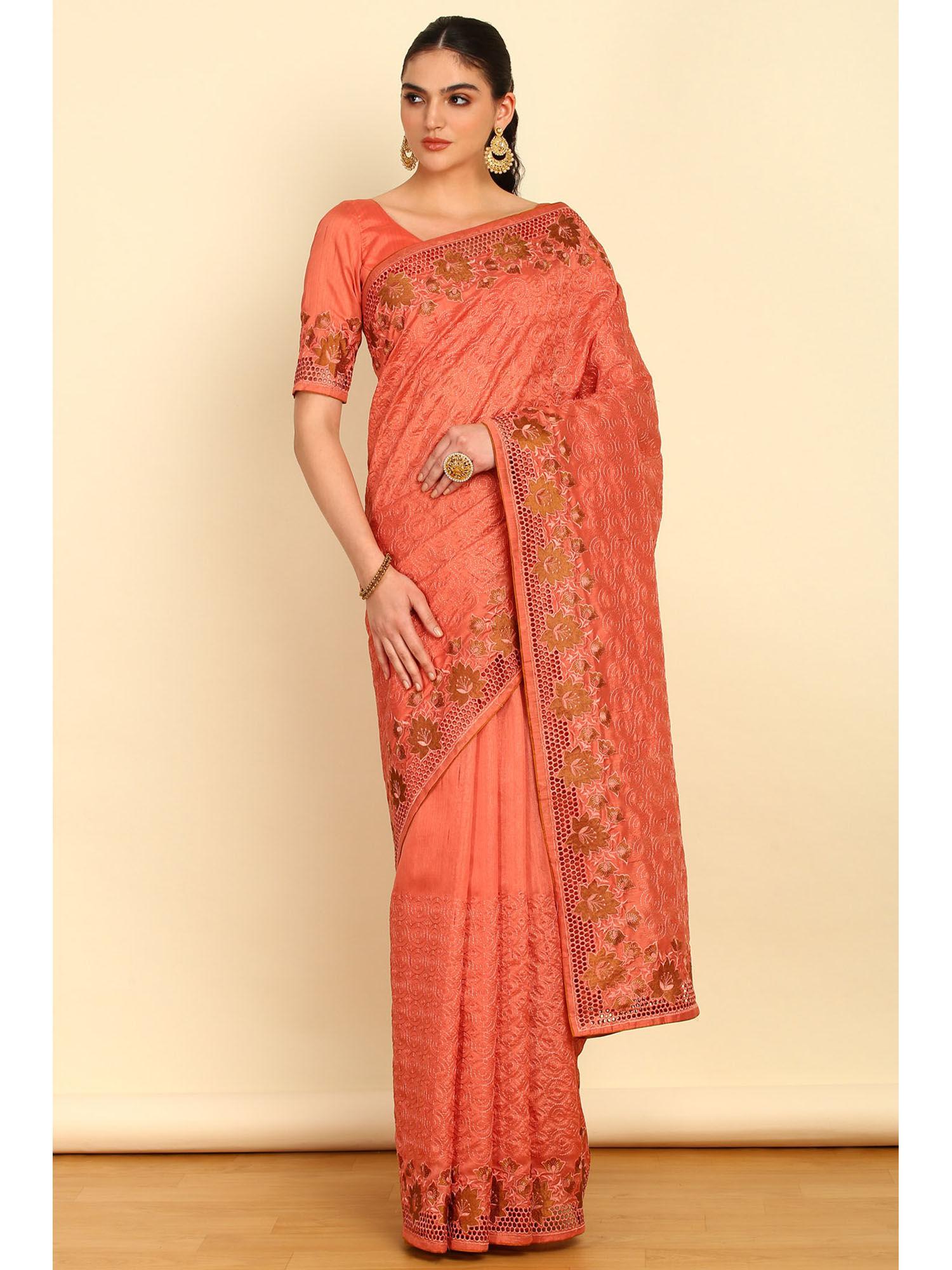 rust floral embroidered tussar saree with cutwork with unstitched blouse