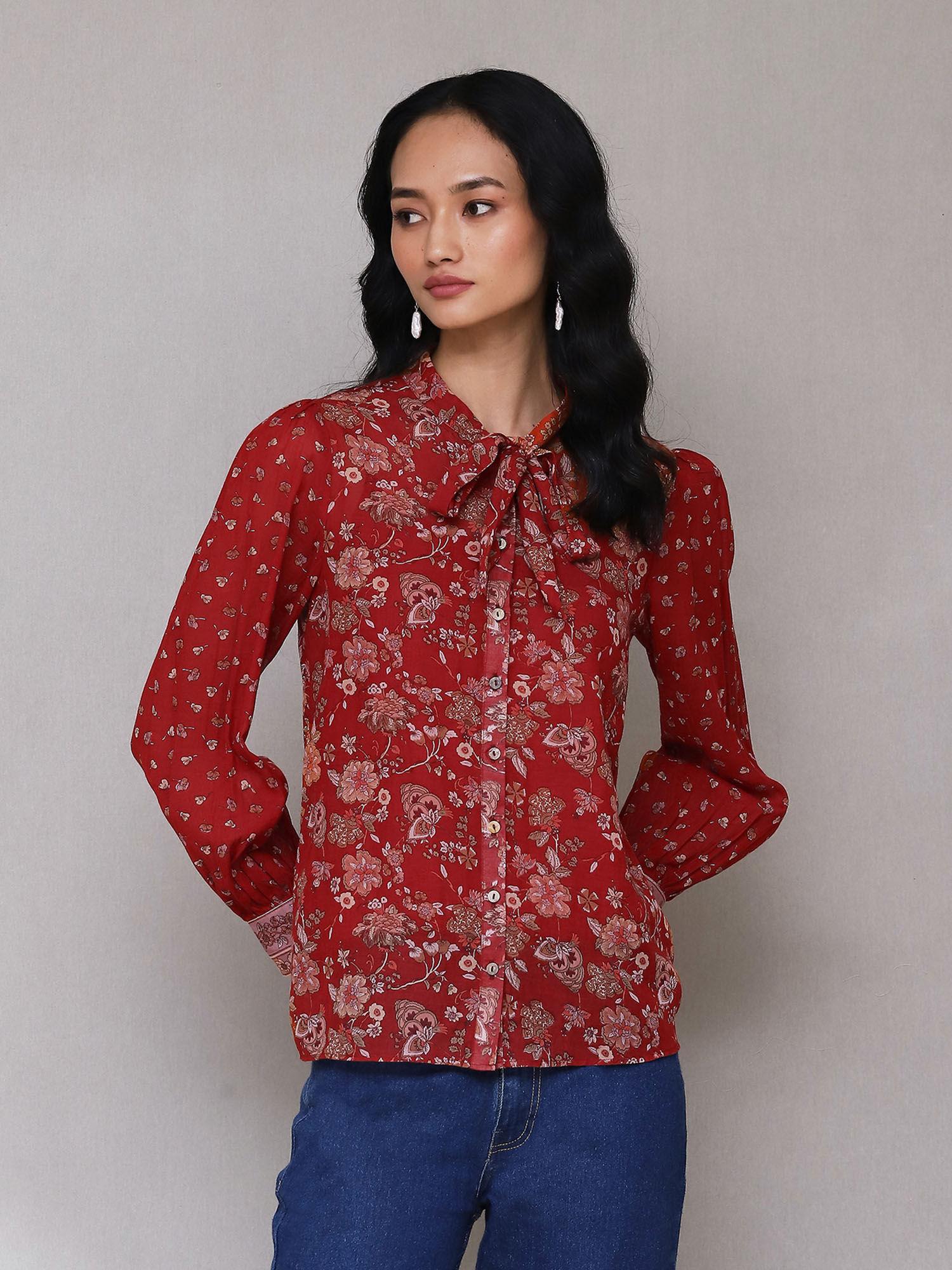 rust floral print shirt with camisole (set of 2)