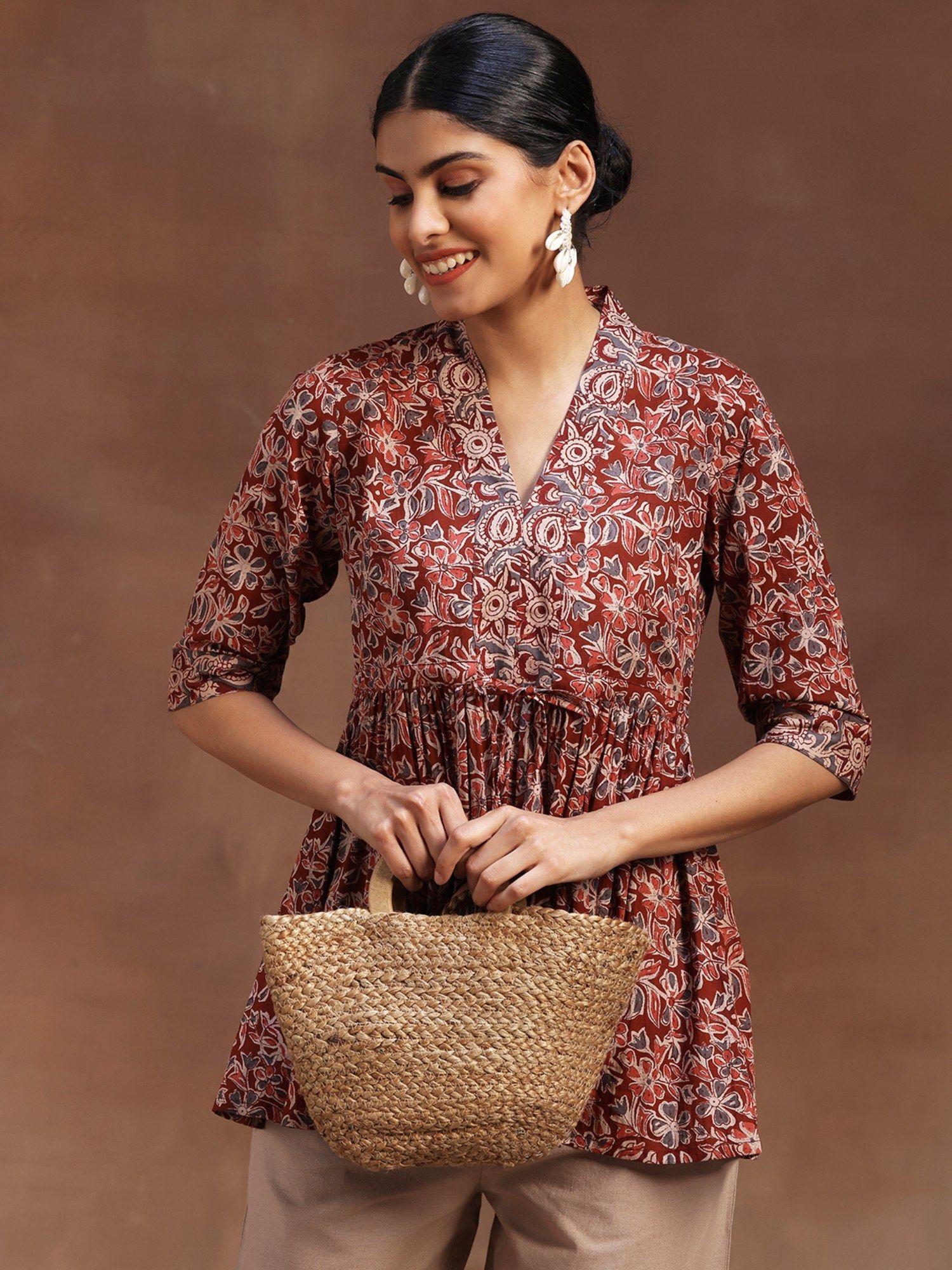 rust floral printed plated a-line kurti with attached waistbelt