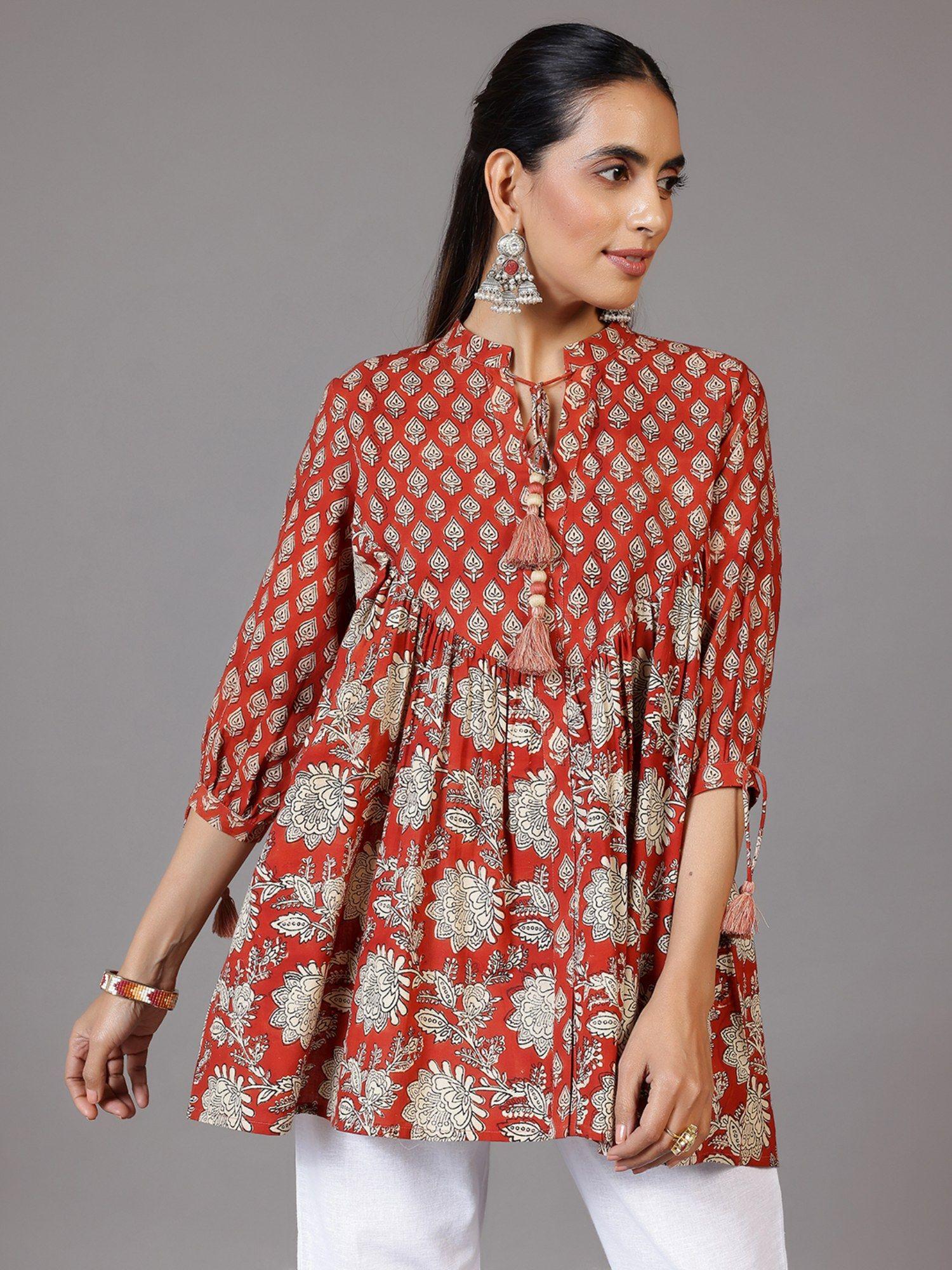 rust floral printed pleated kurti with tassels