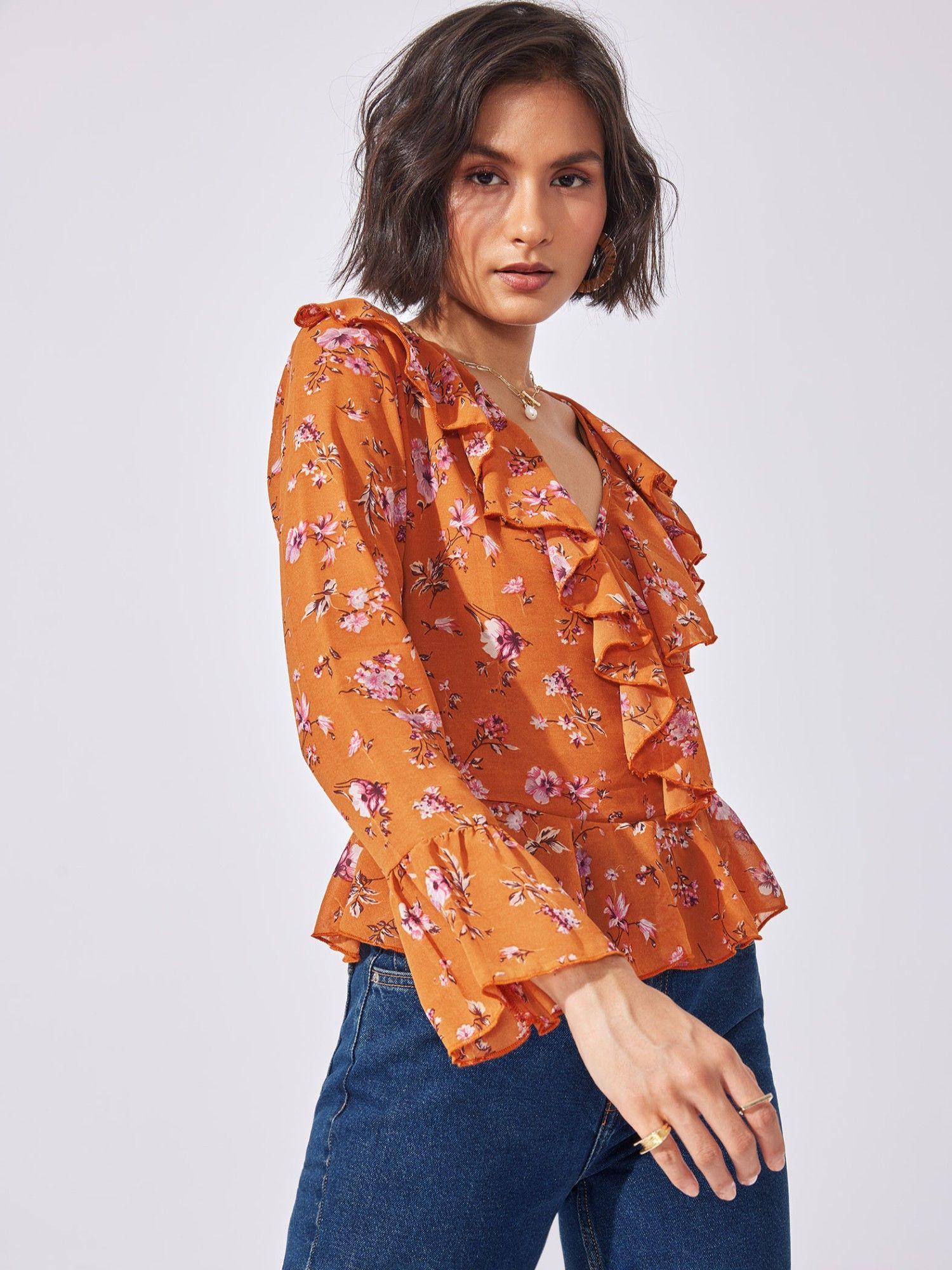 rust floral ruffled top