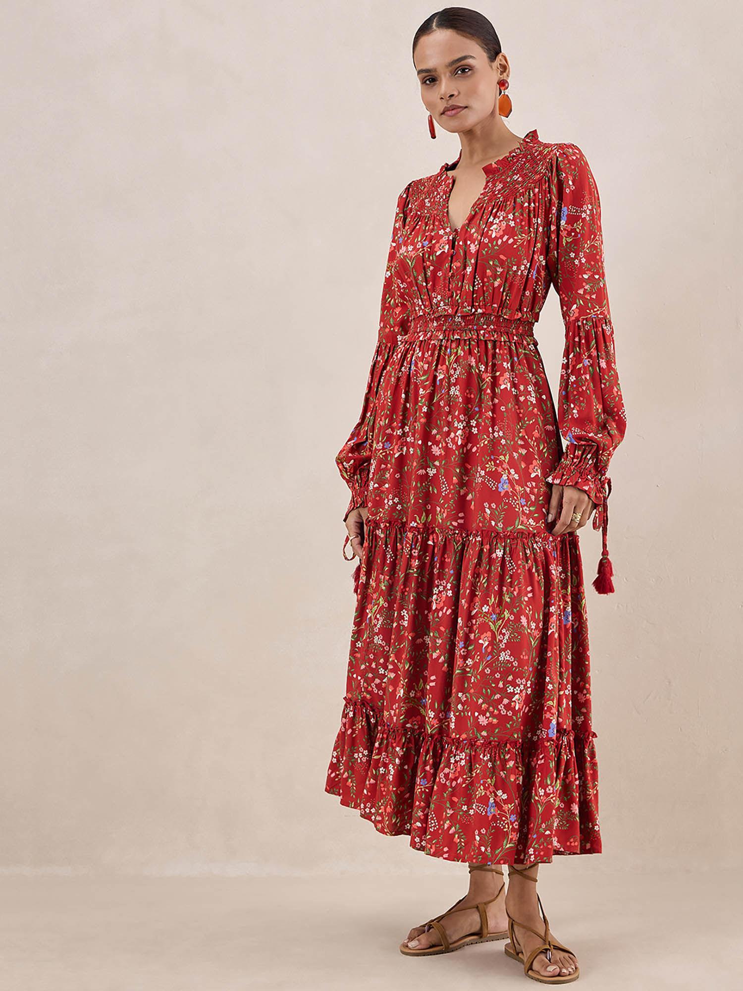 rust floral smocked tiered maxi dress