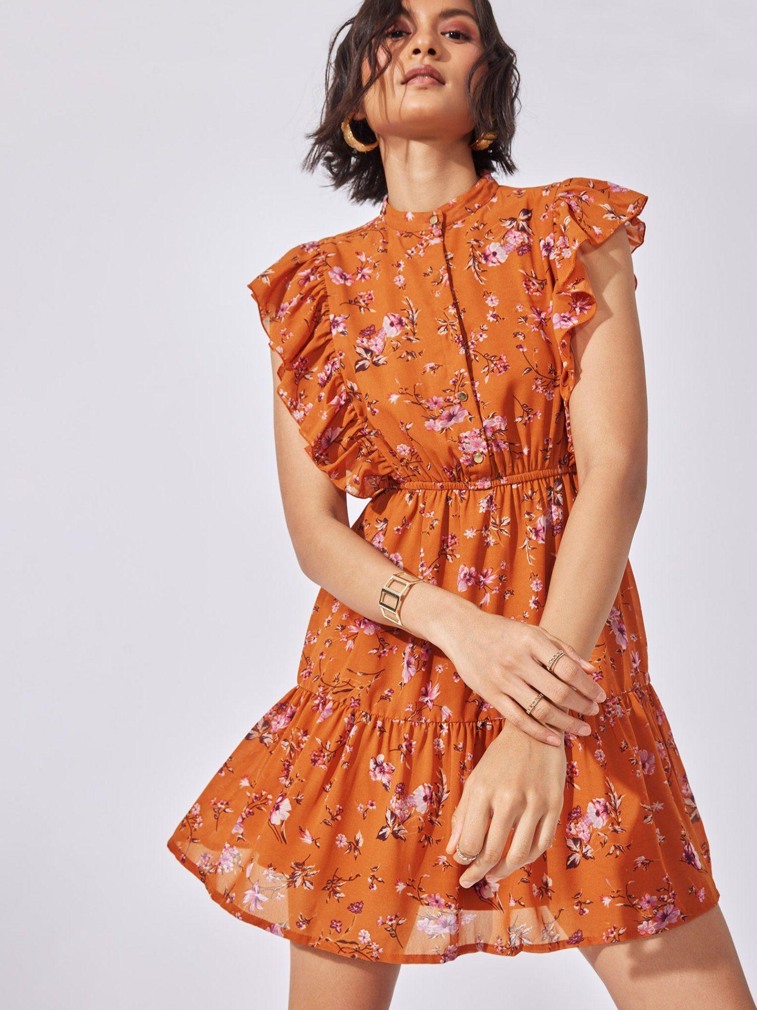 rust floral tiered mini dress