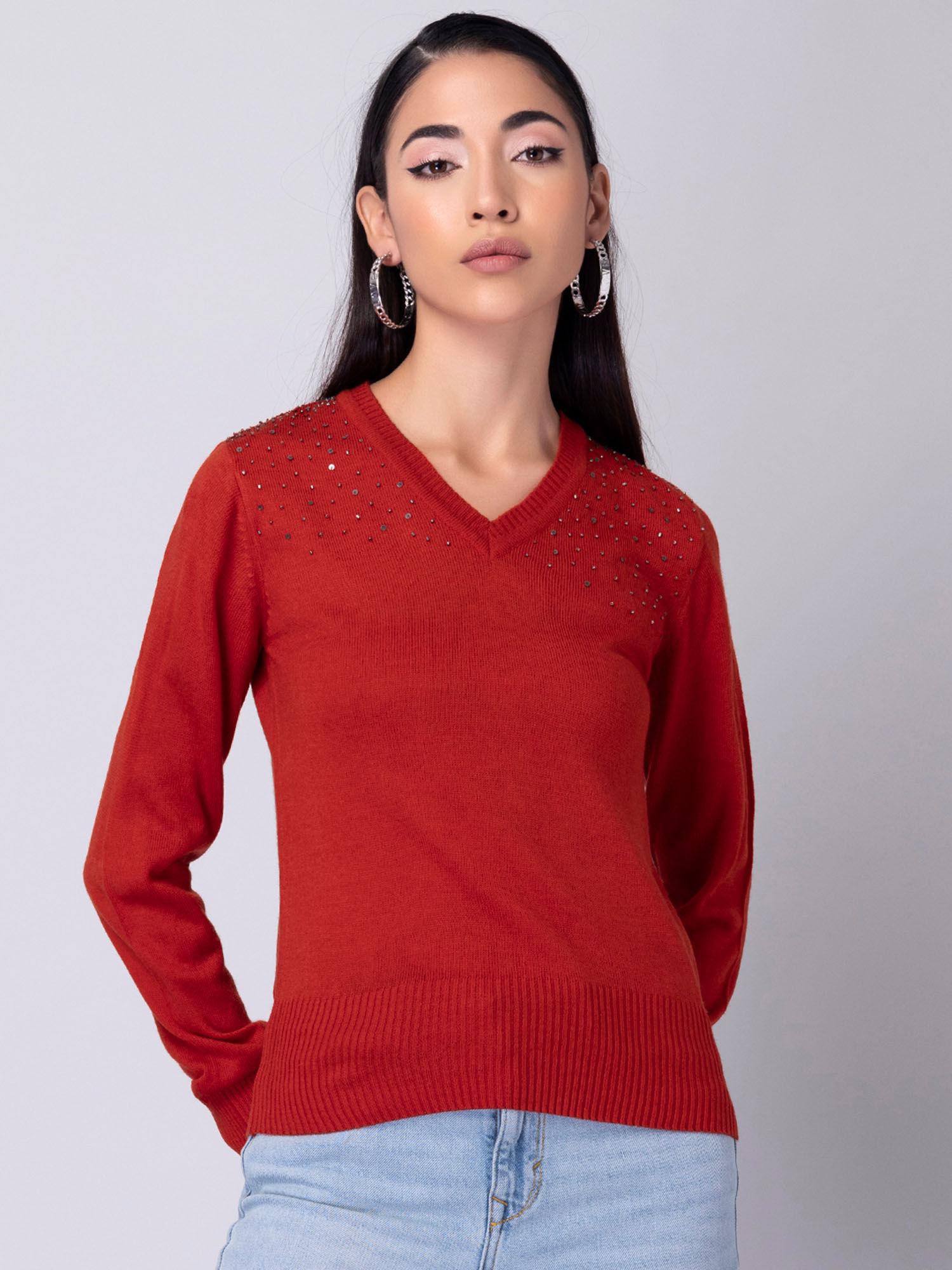 rust full sleeve embellished sweater