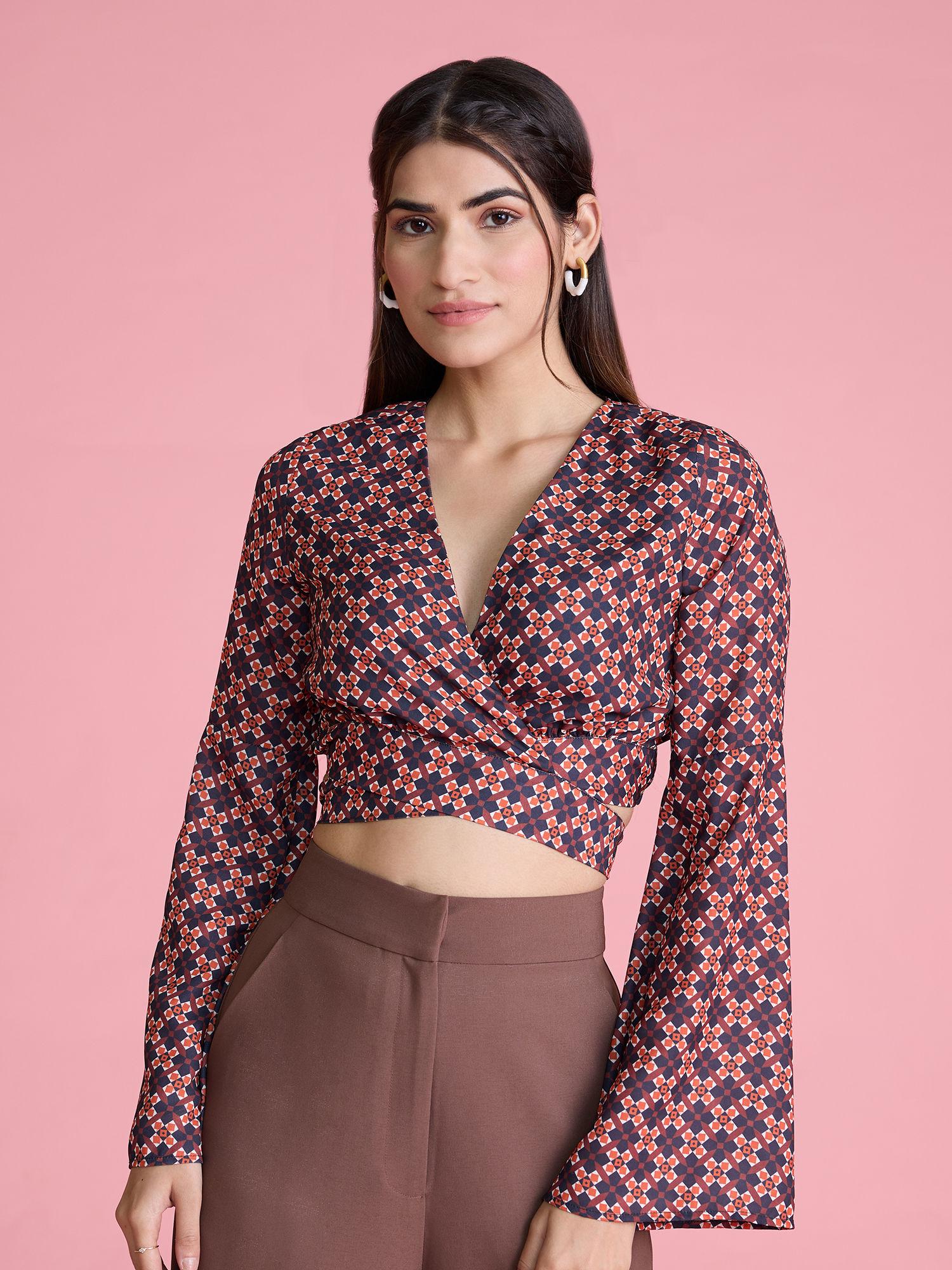 rust full sleeves geometric print crop top