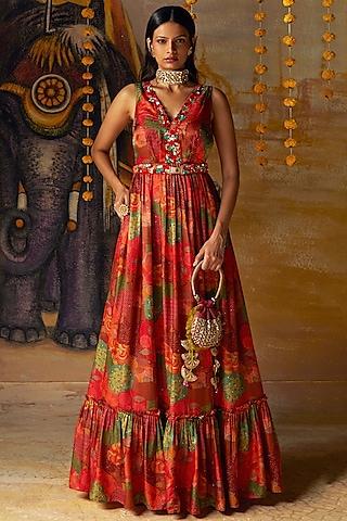rust gajji satin printed & embellished gown with belt