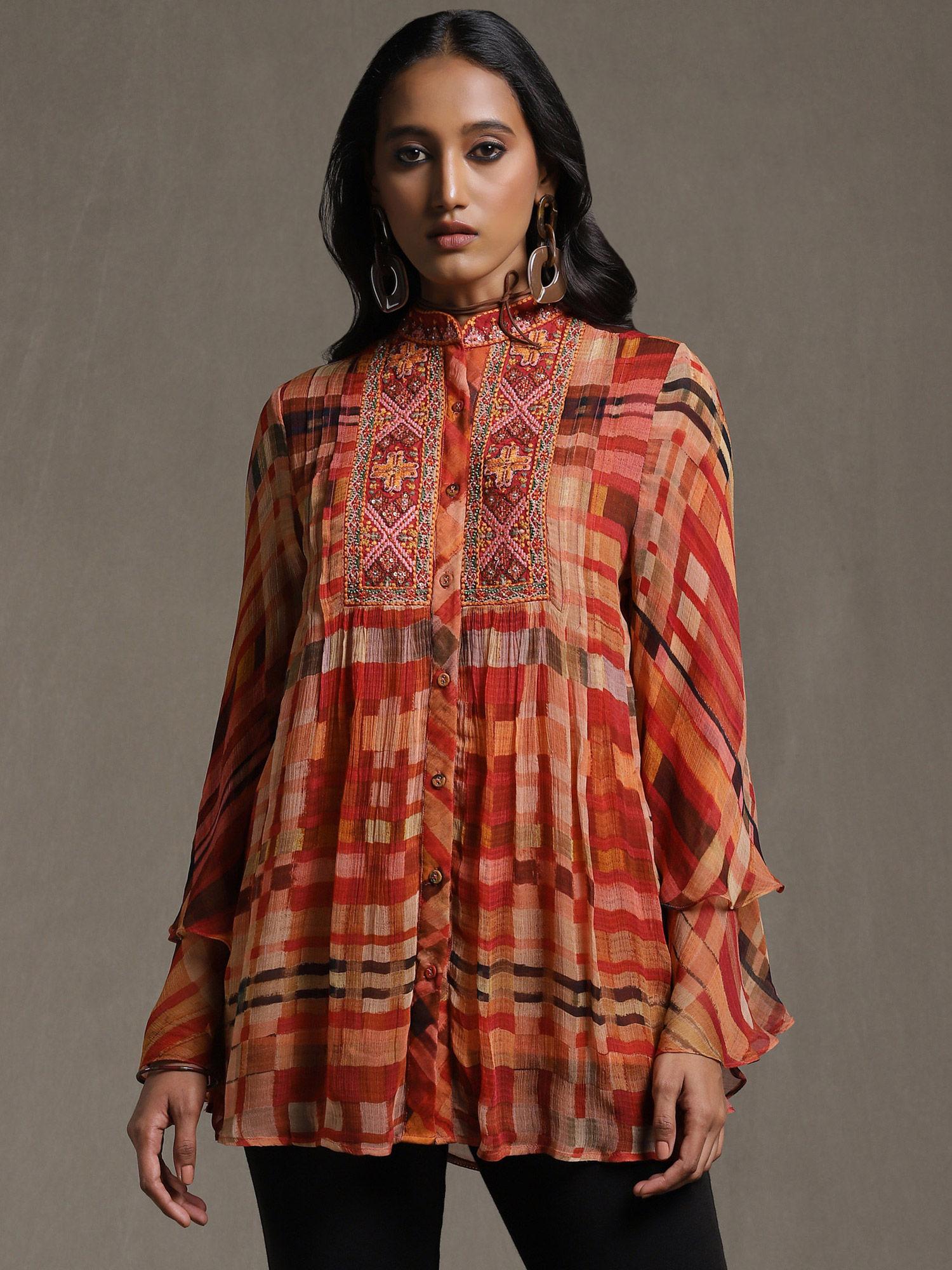 rust geometric print kurti