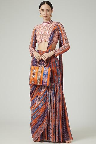 rust georgette printed gharara saree set