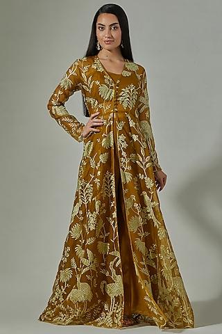 rust gold organza embroidered cape set