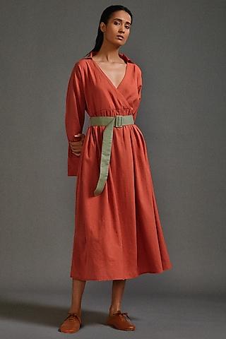 rust handloom cotton safari midi dress