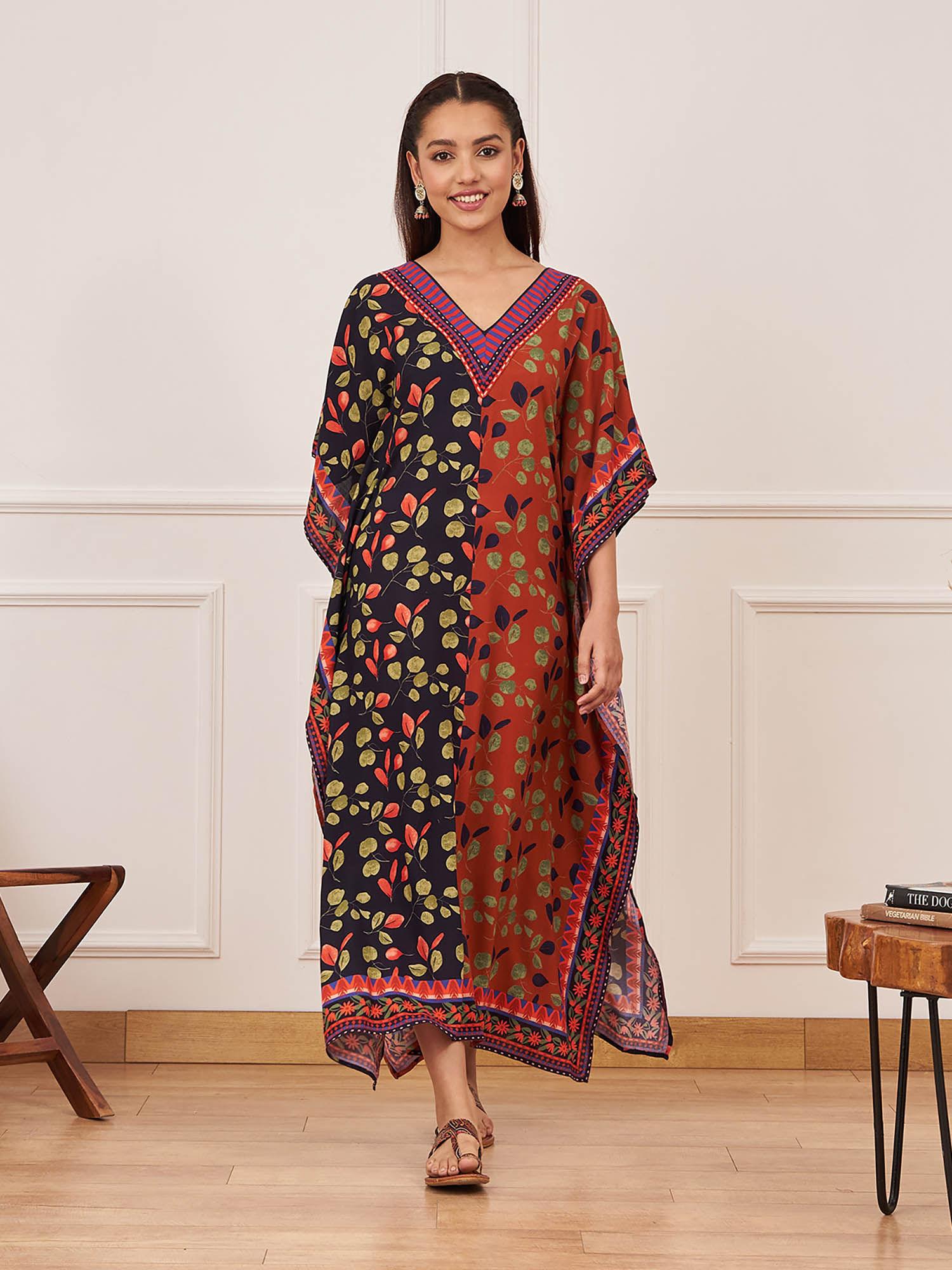 rust indigo half & half leaf print kaftan dress