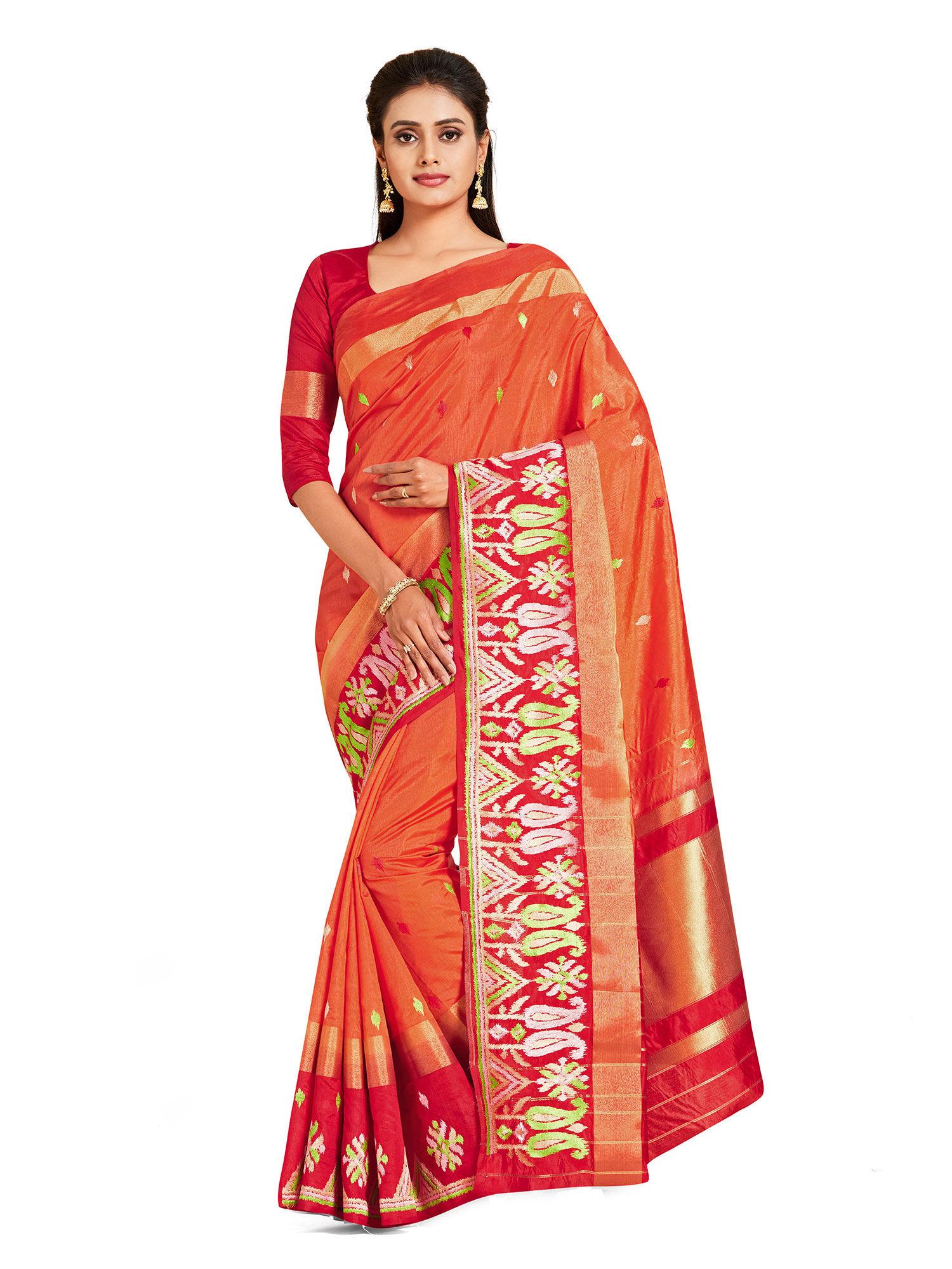 rust kanjivaram style art silk saree with unstitched blouse