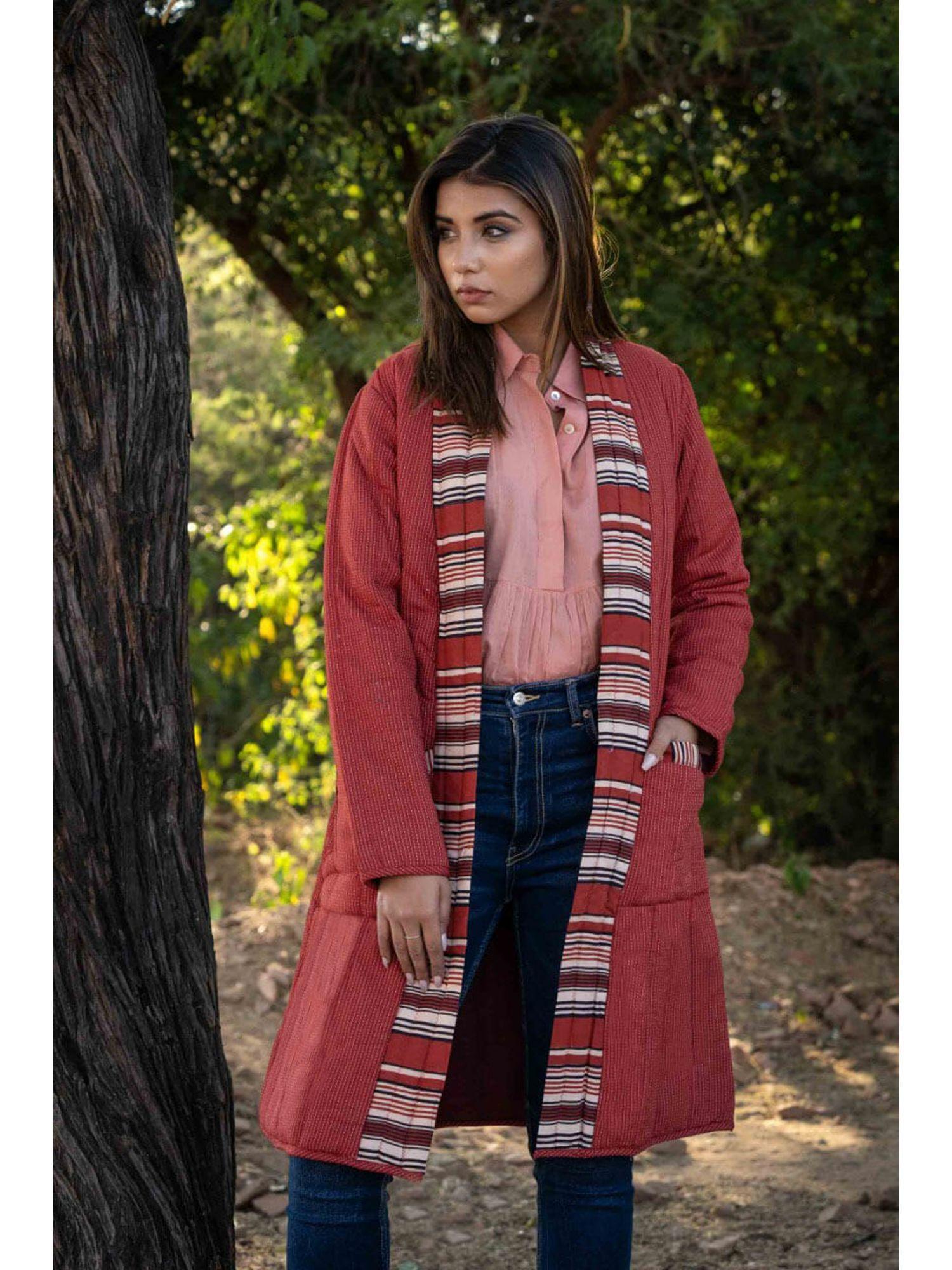 rust kantha front open puffer coat