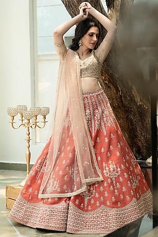 rust lehenga set with chandelier motifs work