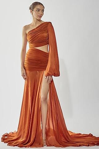 rust malai lycra & chiffon gown