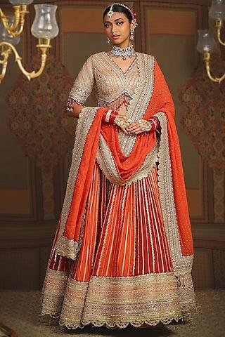 rust maroon & orange silk chanderi gota embroidered kalidar lehenga set