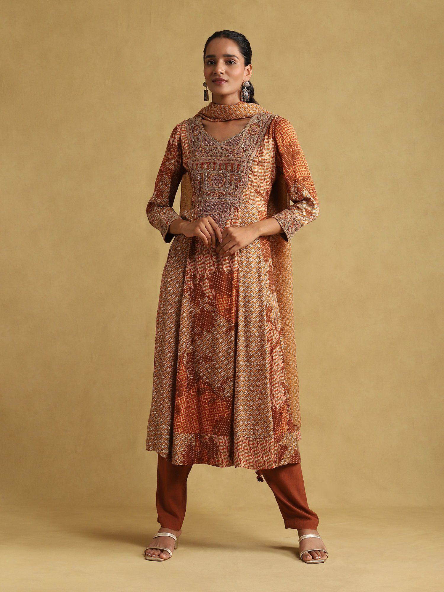 rust micro print embroidered kurta with pant and dupatta (set of 3)