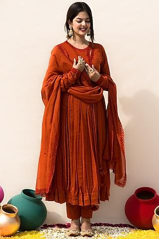 rust mul chanderi embroidered angrakha kurta set