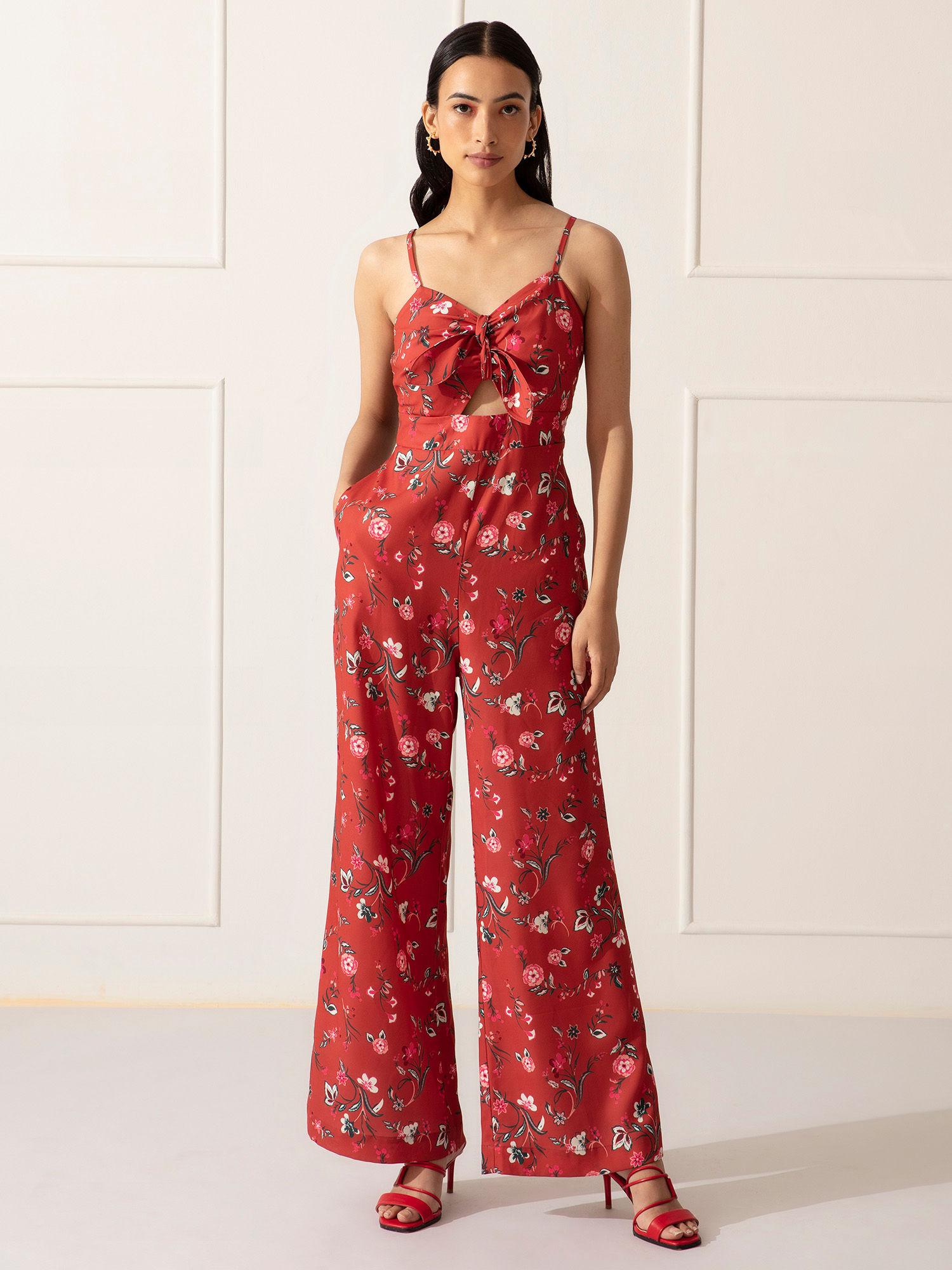 rust multicolor printed v neck jumpsuit