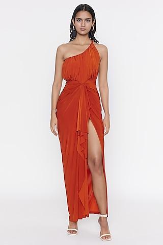 rust one-shoulder gown