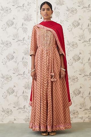 rust orange & red embroidered anarkali set