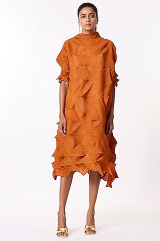 rust orange 3d pleated & polyester midi dress
