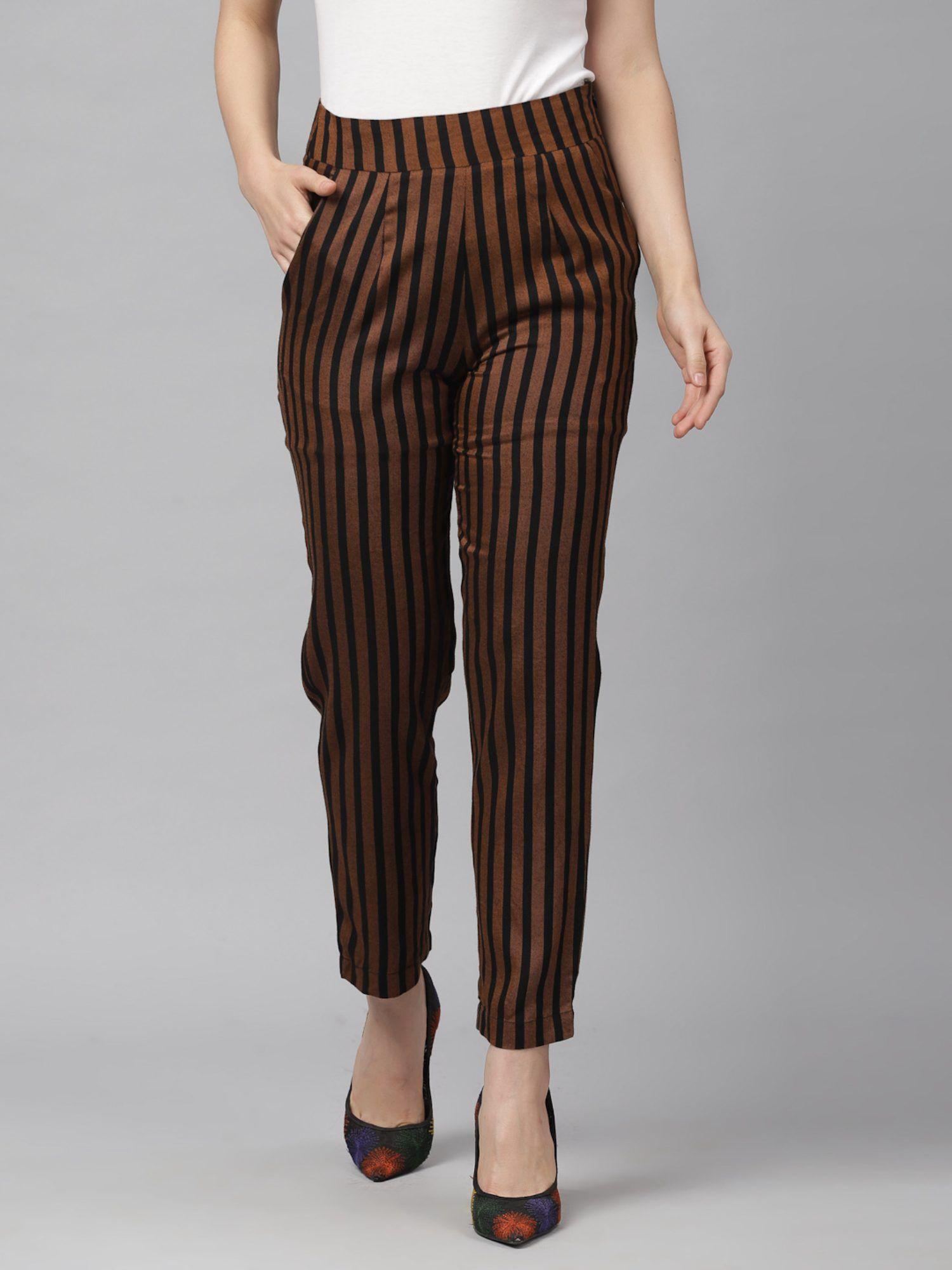 rust orange and black straight fit striped regular trousers