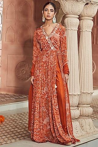 rust orange bemberg crepe printed anarkali set