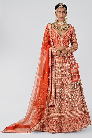 rust orange bridal lehenga set with floral work