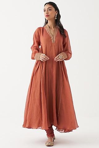 rust orange chanderi anarkali set