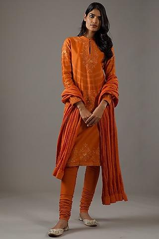 rust orange chanderi silk embroidered kurta set