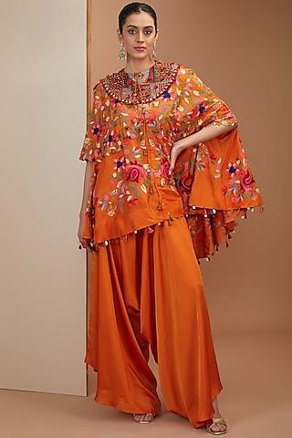 rust orange china dupion thread embroidered cape set