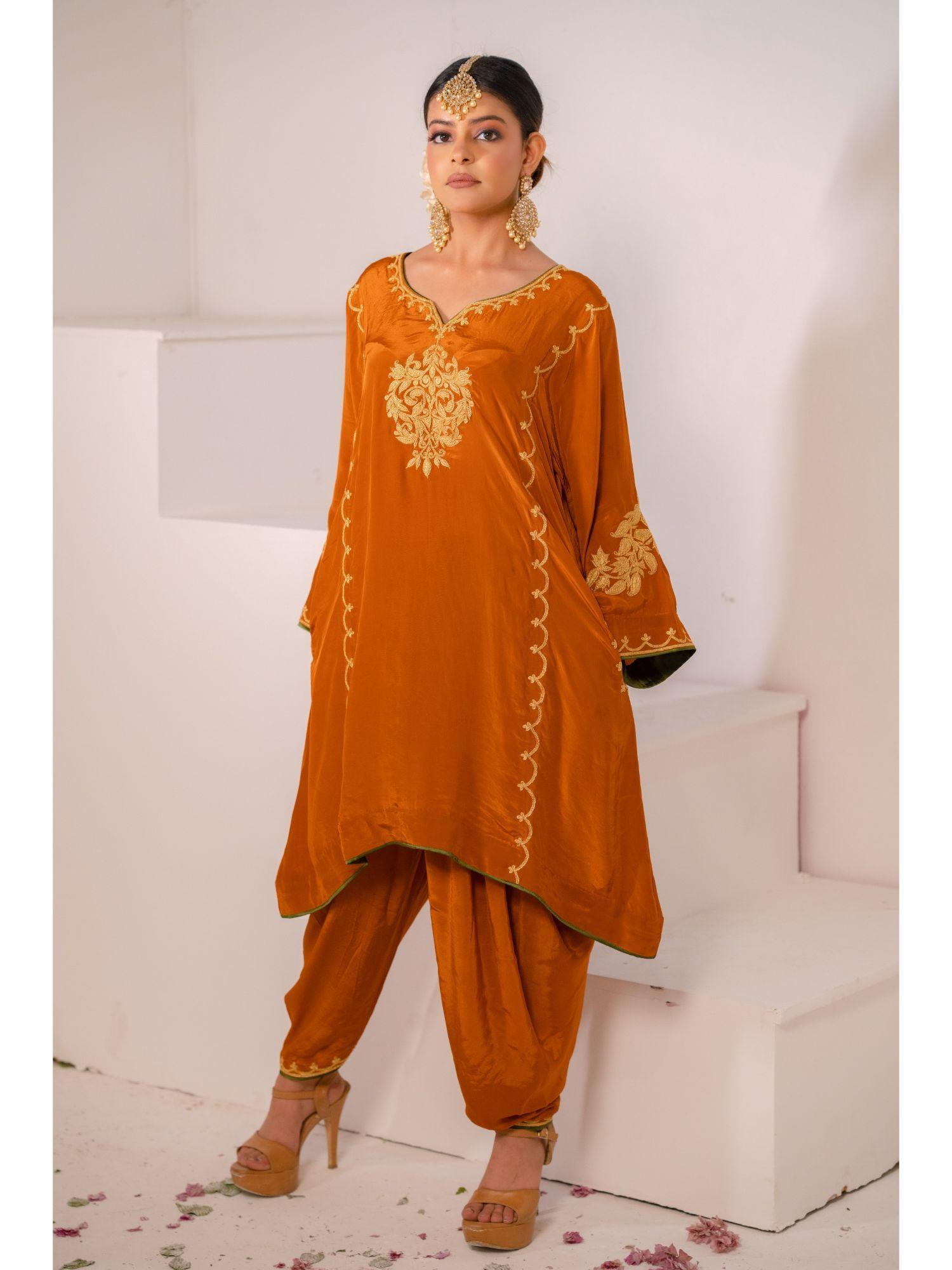 rust orange crepe tilla kurta (set of 2)