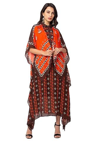 rust orange dress with coffee brown kaftan jacket