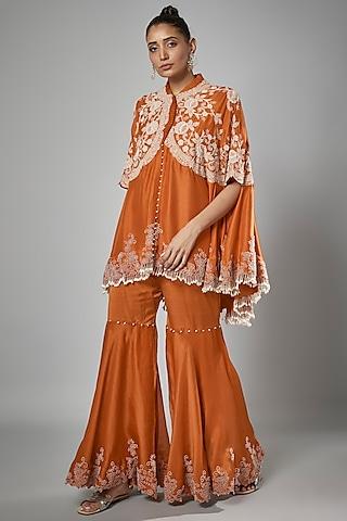 rust orange dupion embroidered cape set